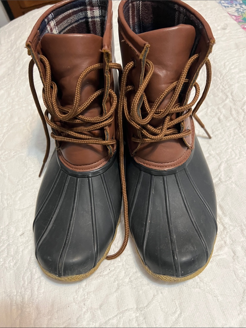 Refresh Brown Leather and Black Rubber Lace-Up Duck Boots